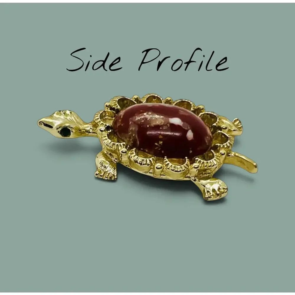 Vintage Turtle Brooch-Thermoset Faux Jasper-Gold Tone-Green Rhinestone Eyes-Pin